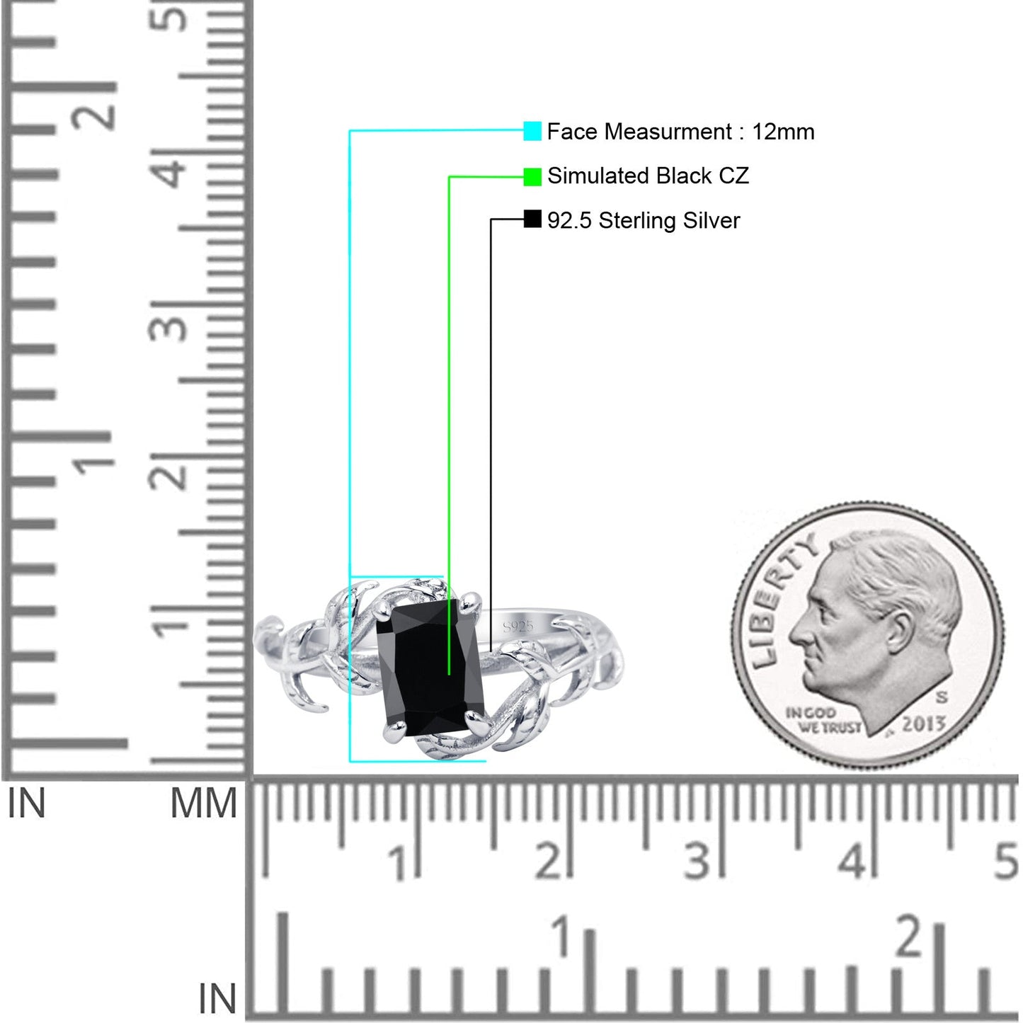 Art Deco Engagement Ring Natural Leaf Design Emerald Cut Simulated Black