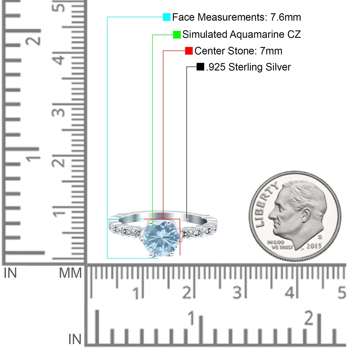 Art Deco Round Engagement Ring Simulated Aquamarine CZ