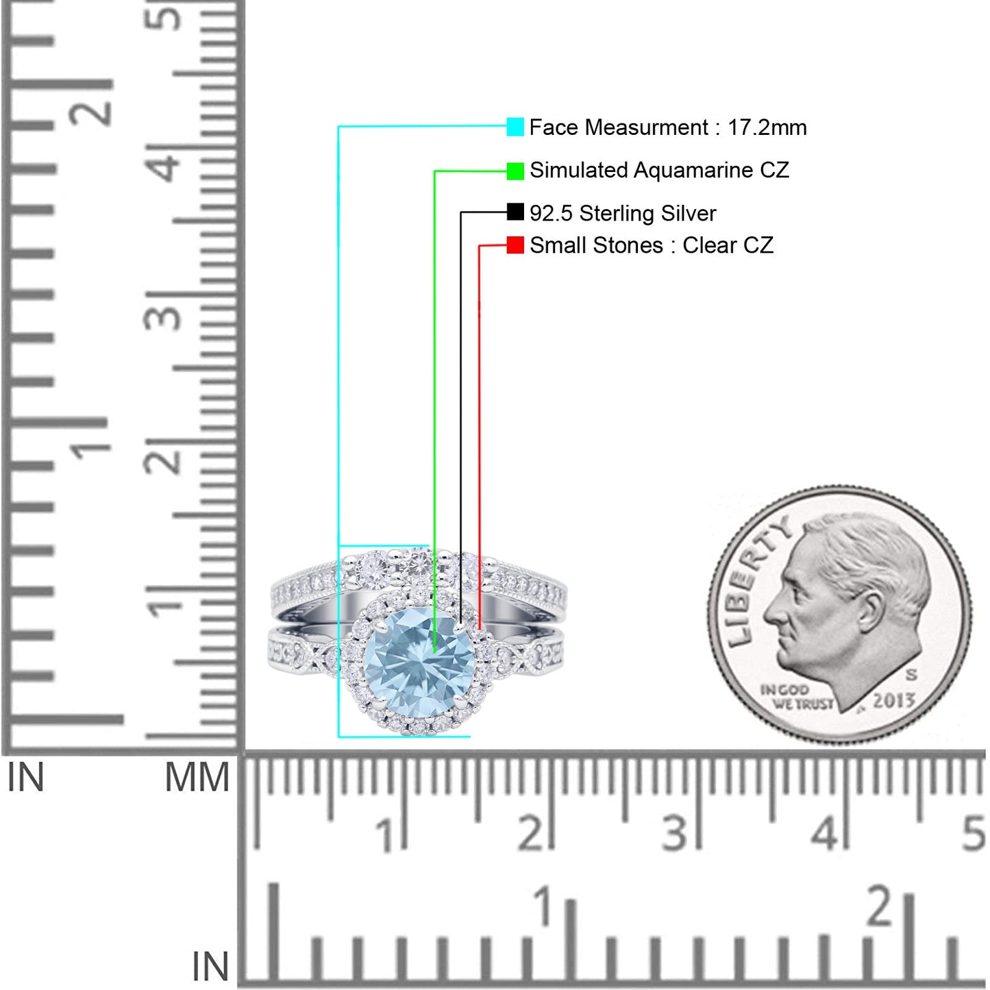 Halo Bridal Set Piece Round Wedding Band Ring Simulated Aquamarine