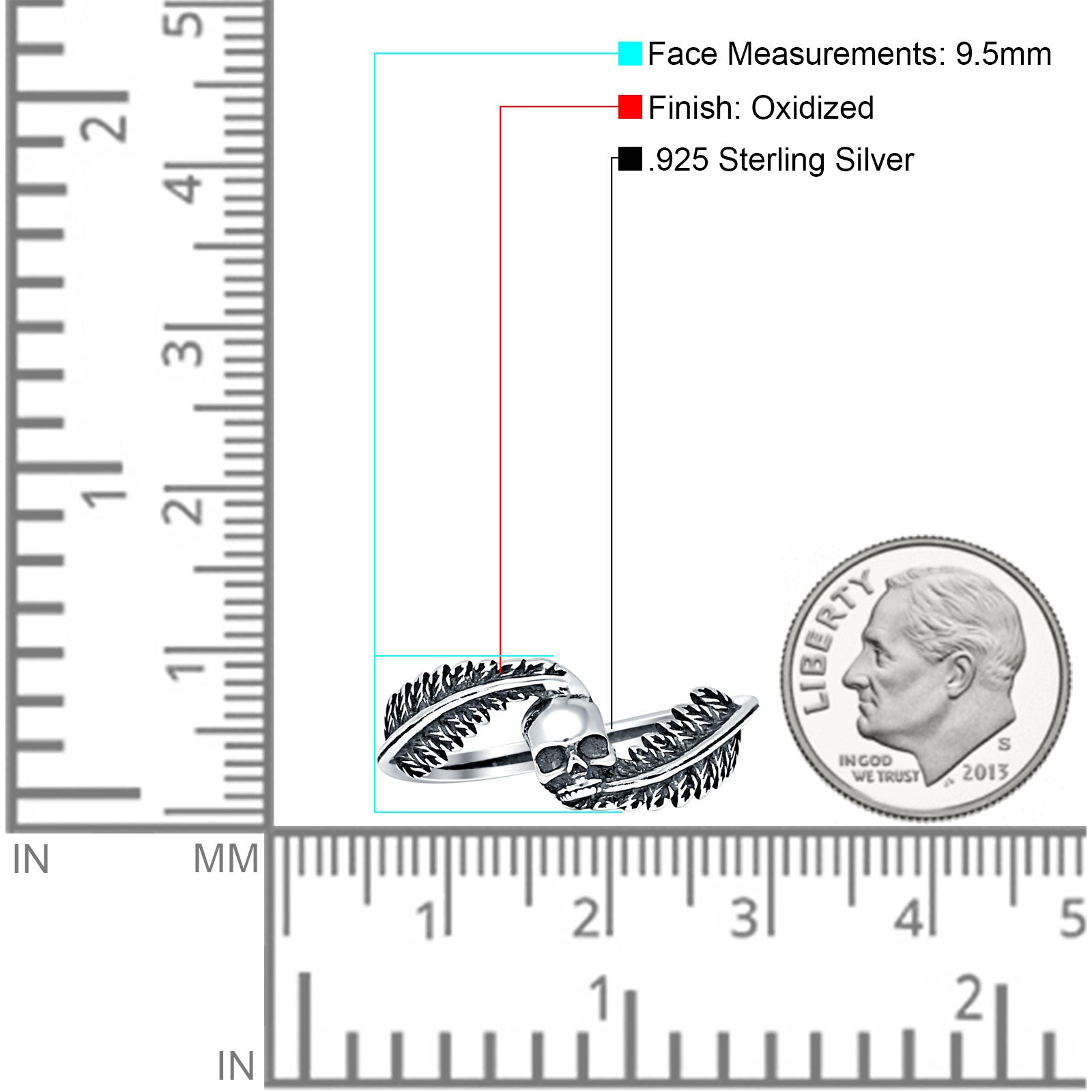 Oxidized Skull & Feather Ring