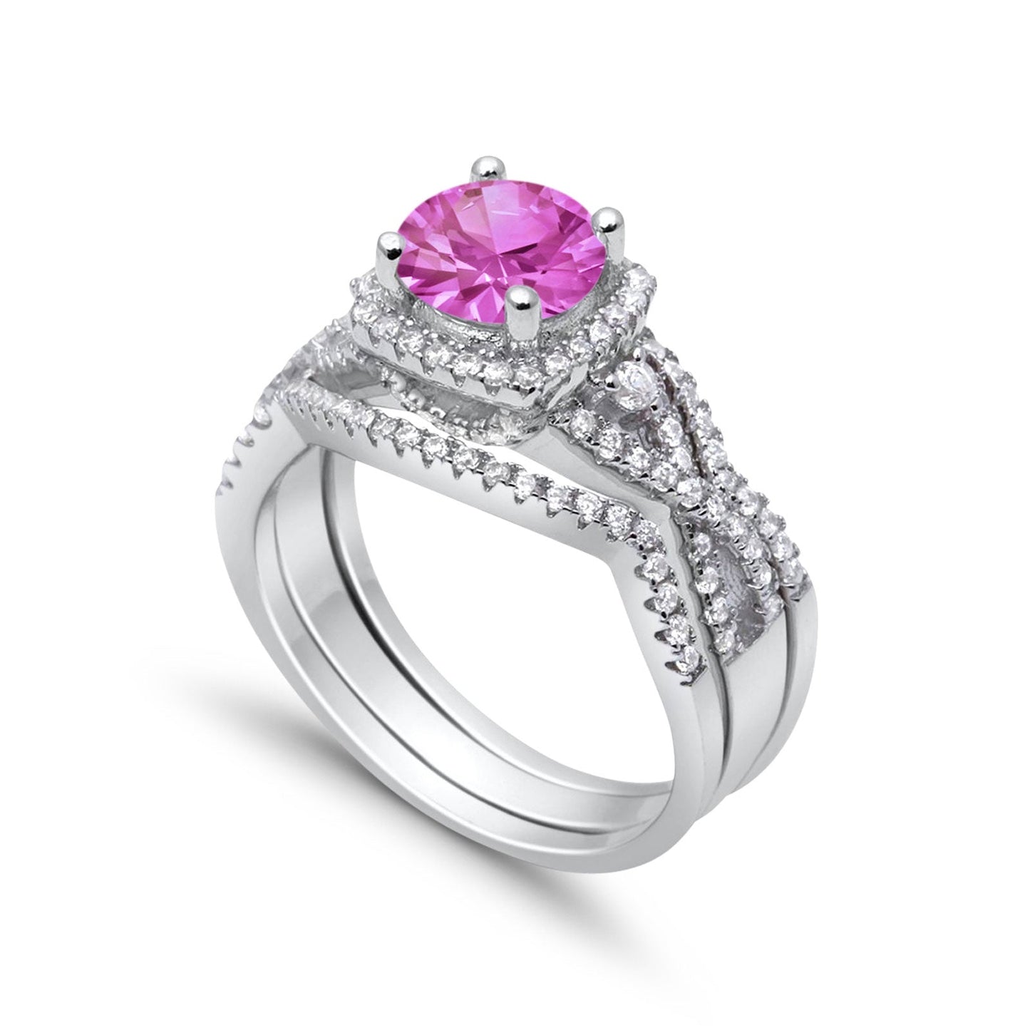 Halo Engagement Ring Three Piece Pink CZ