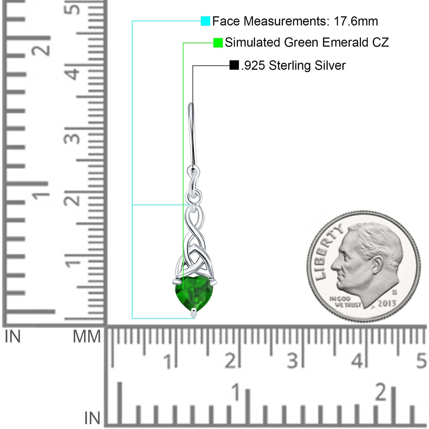 Celtic Trinity Heart Earrings Simulated Green Emerald