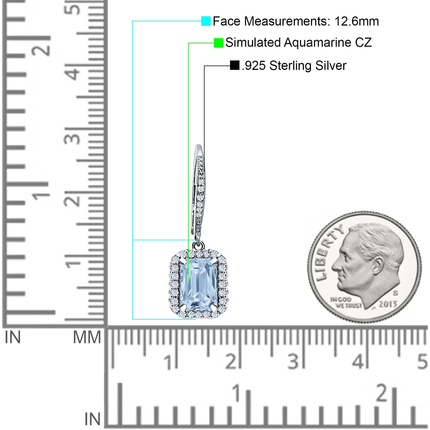 Emerald Cut Leverback Earrings Simulated Aquamarine