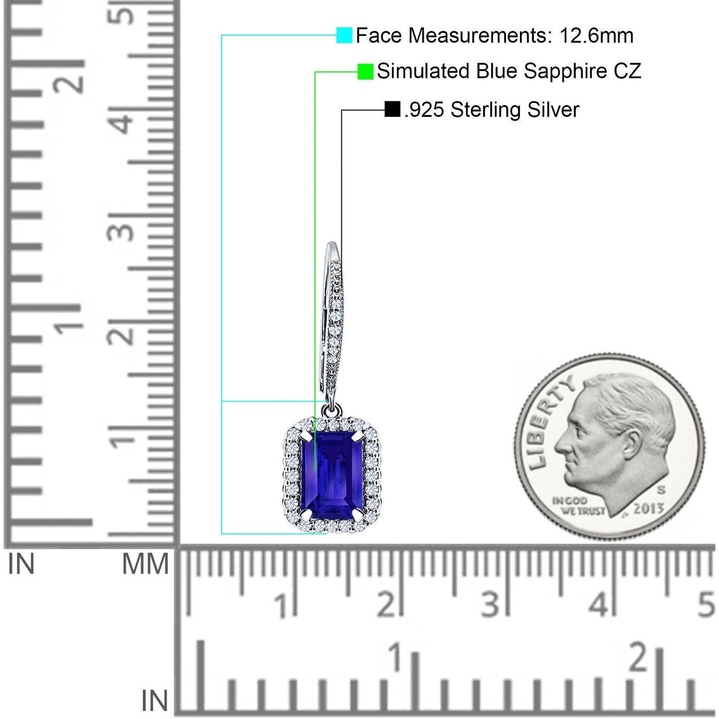 Emerald Cut Leverback Earrings Simulated Blue Sapphire