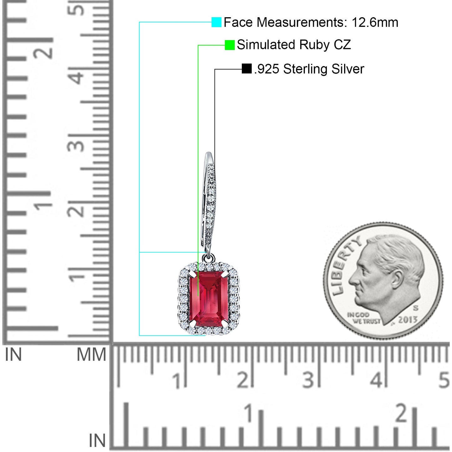 Emerald Cut Leverback Earrings Simulated Ruby