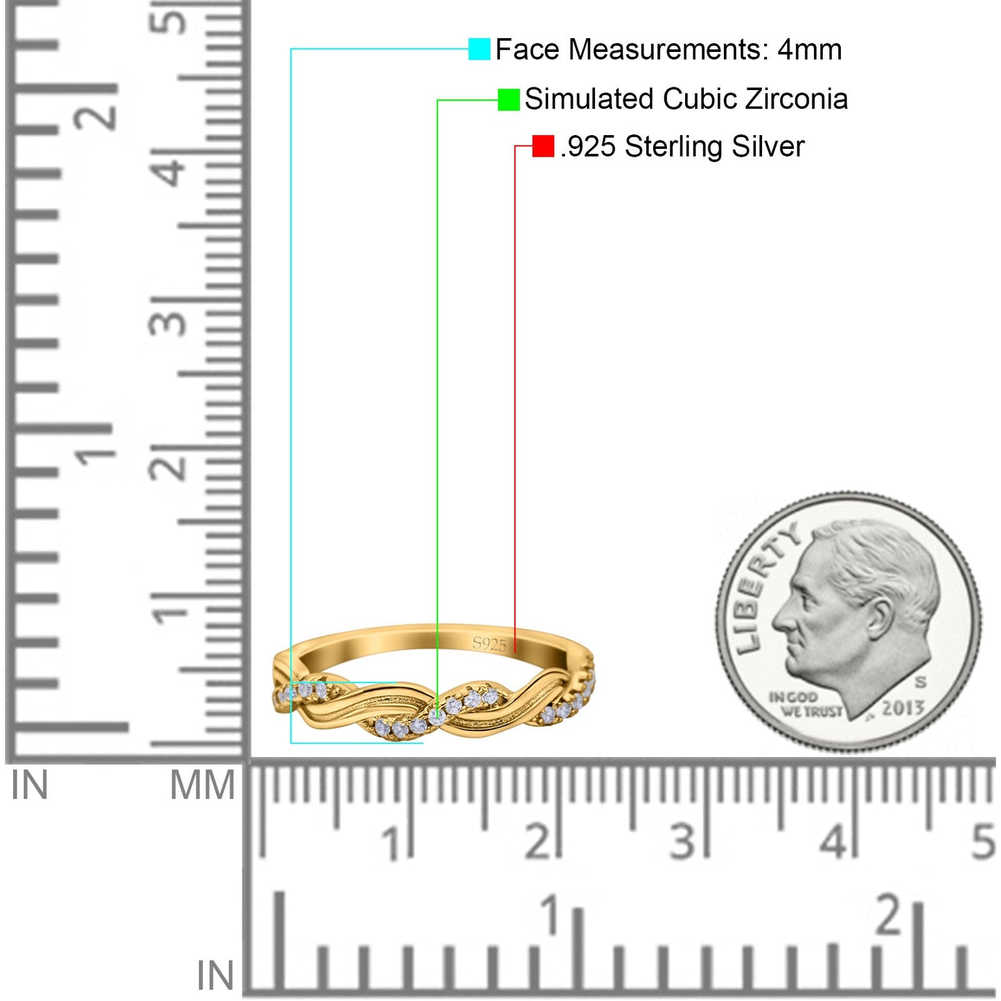 Half Eternity Rope Ring Wedding Band Round Pave Yellow Tone, Simulated CZ (4mm)