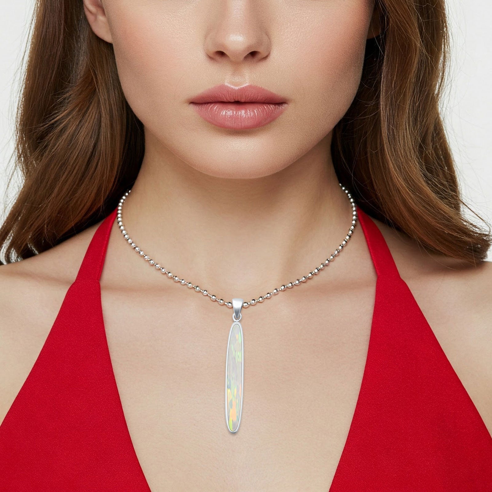 Oval Lab Created White Opal Stick Pendant