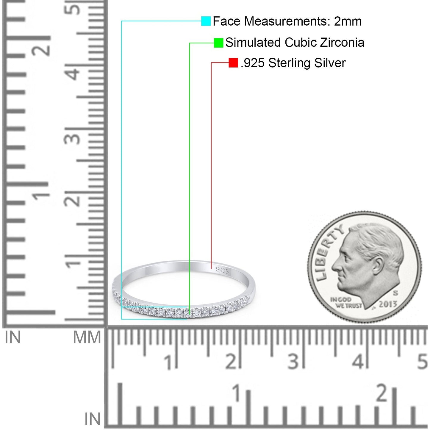 Half Eternity Band Wedding Ring Round Simulated Cubic Zirconia (2mm)