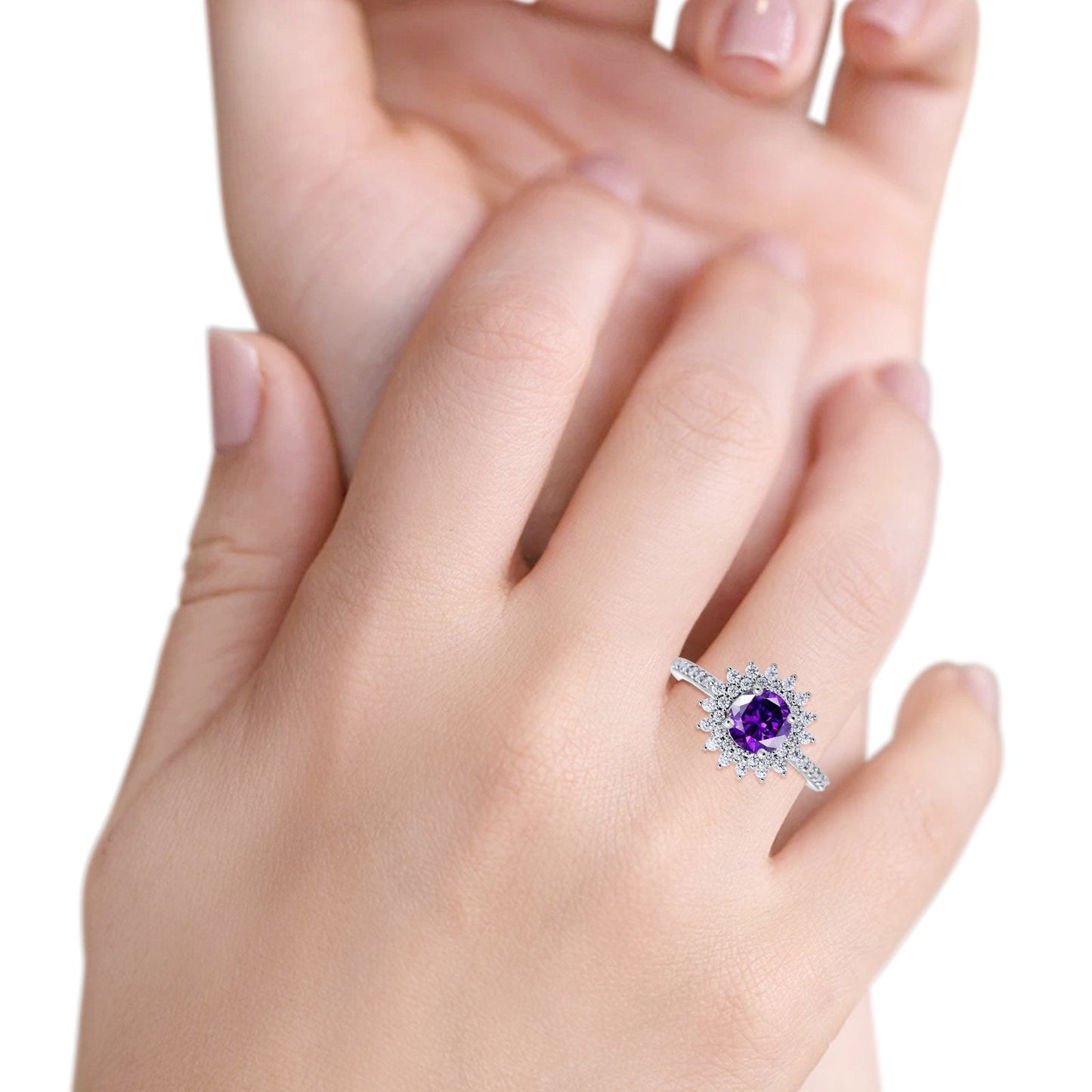 Halo Starburst Flower Wedding Ring Simulated Amethyst CZ