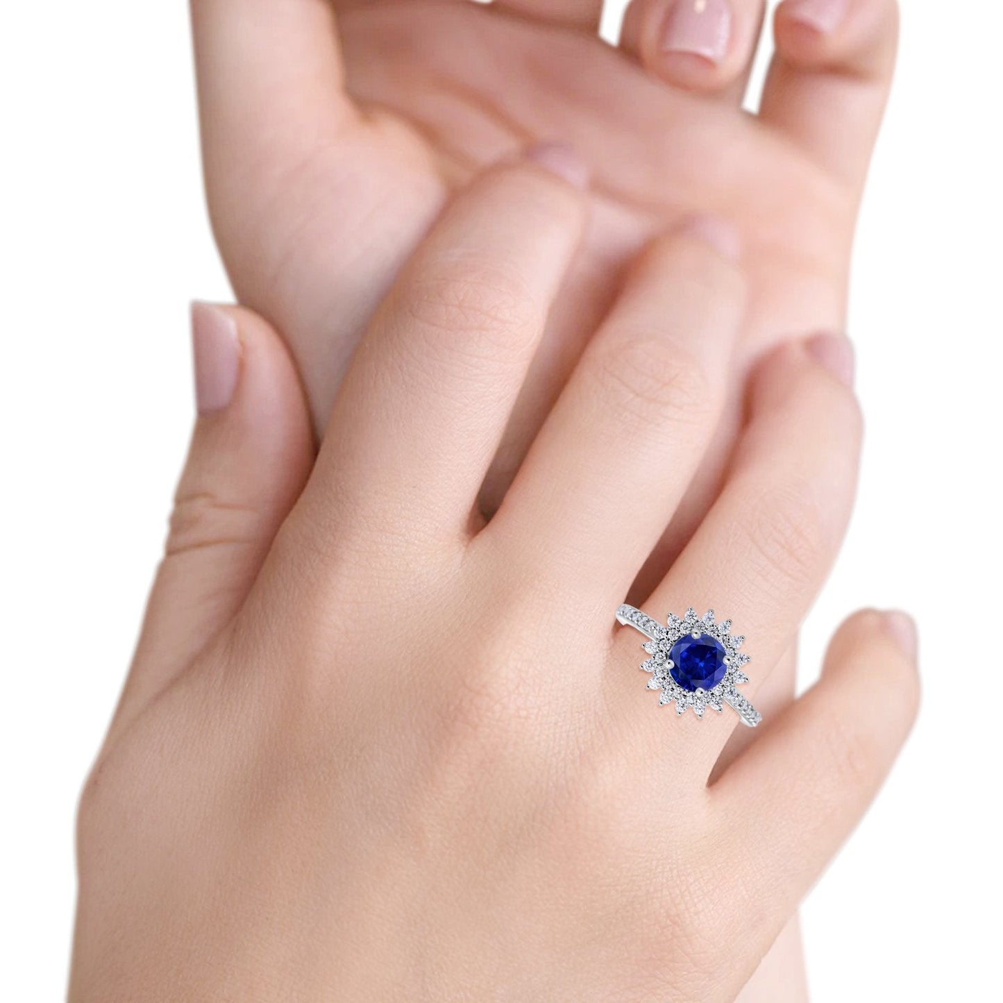 Halo Starburst Flower Wedding Ring Simulated Blue Sapphire CZ