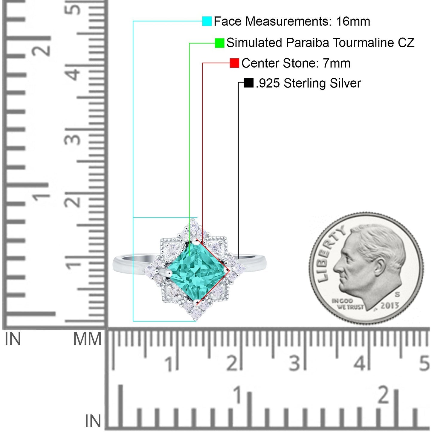 Vintage Princess Cut Wedding Ring Simulated Paraiba Tourmaline CZ