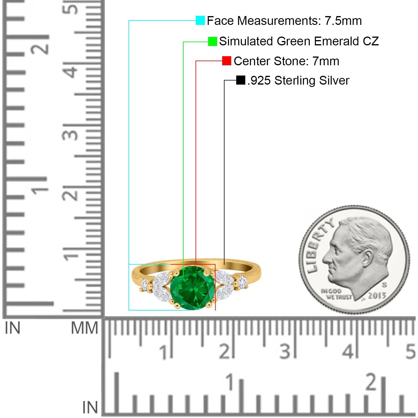 Art Deco Round Yellow Tone, Simulated Green Emerald CZ Engagement Ring