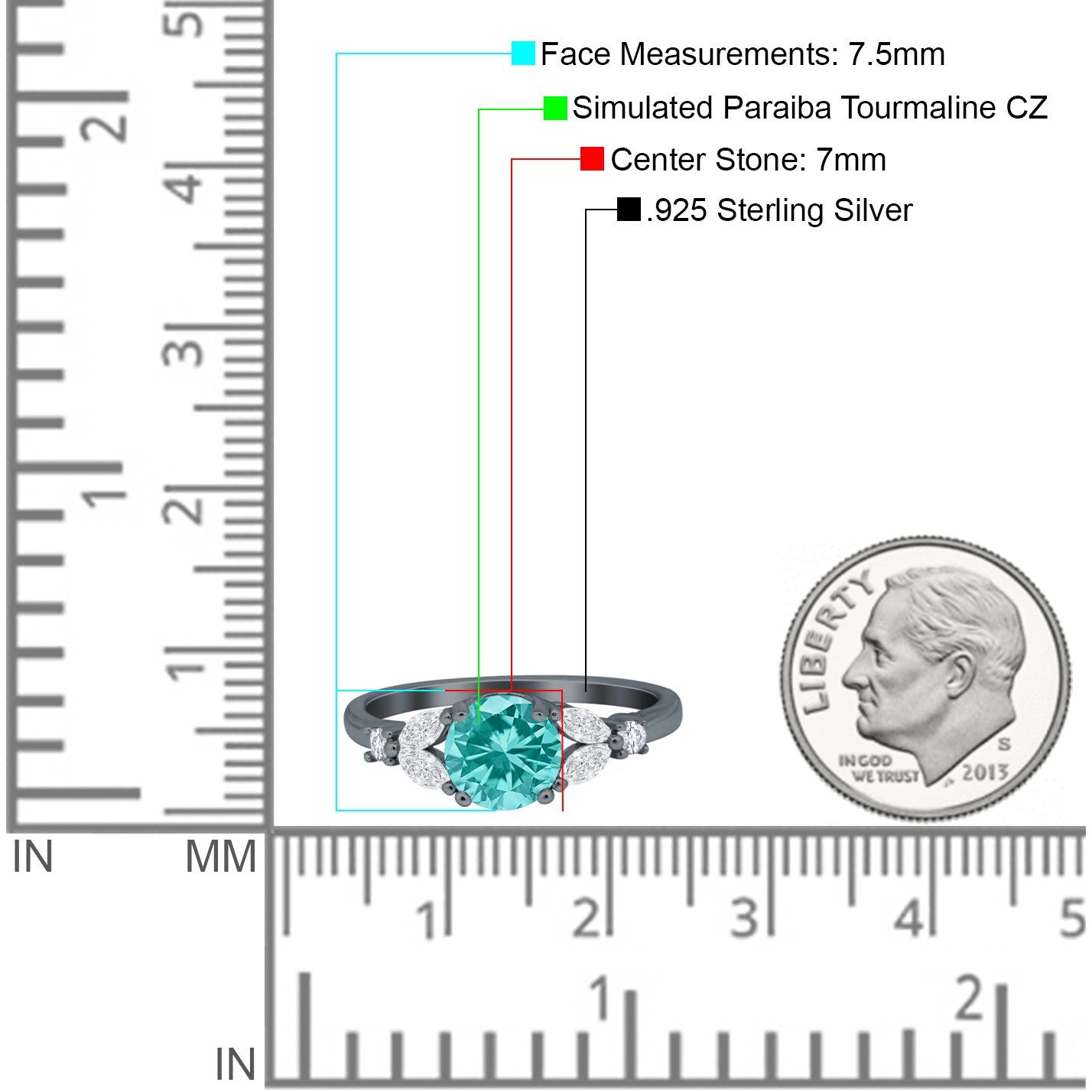 Art Deco Round Paraiba Tourmaline CZ Black Tone Engagement Ring