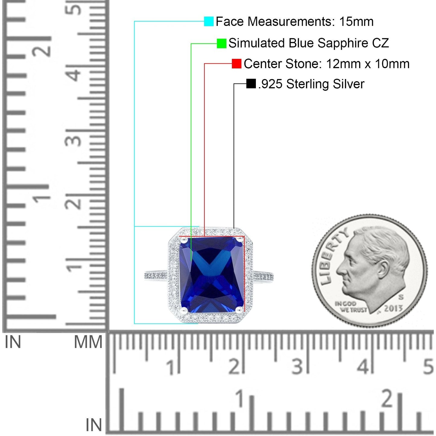 Halo Emerald Cut Engagement Ring Simulated Blue Sapphire CZ