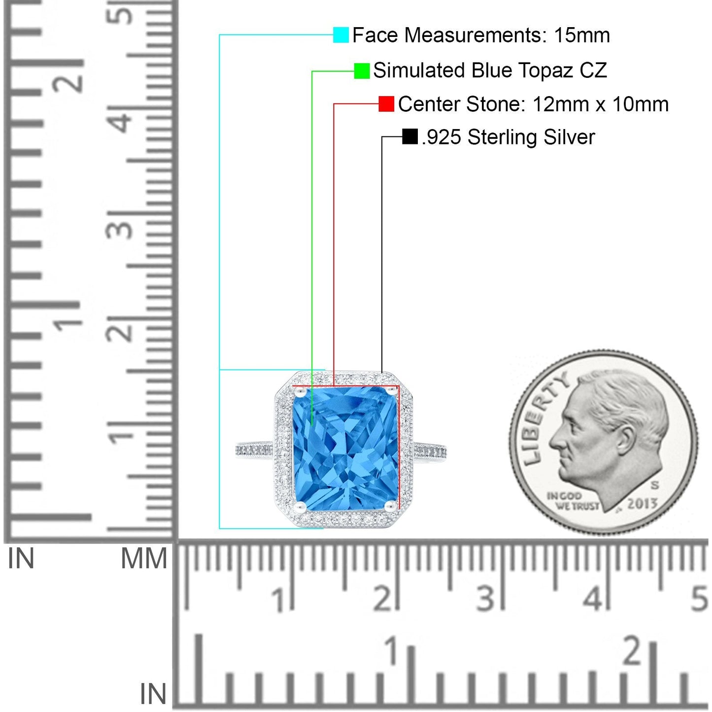 Halo Emerald Cut Engagement Ring Simulated Blue Topaz CZ