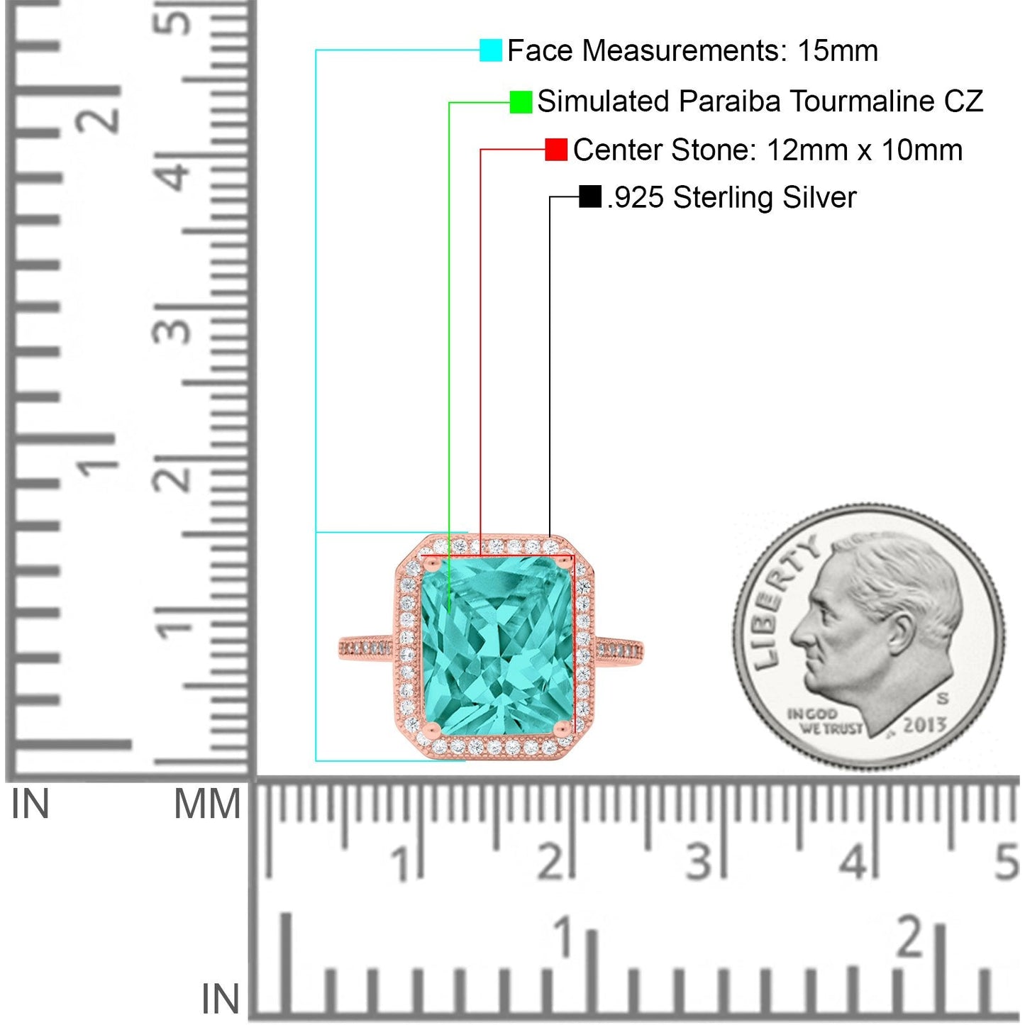 Halo Emerald Cut Rose Tone, Simulated Paraiba Tourmaline CZ Engagement Ring