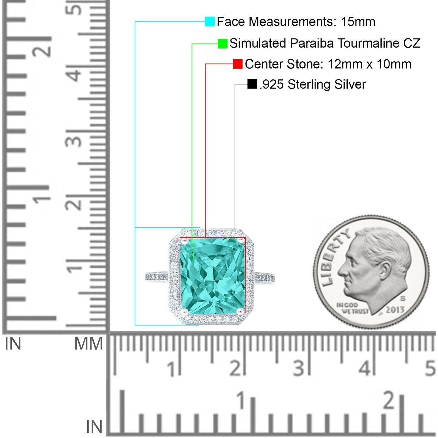 Halo Emerald Cut Engagement Ring Simulated Paraiba Tourmaline CZ