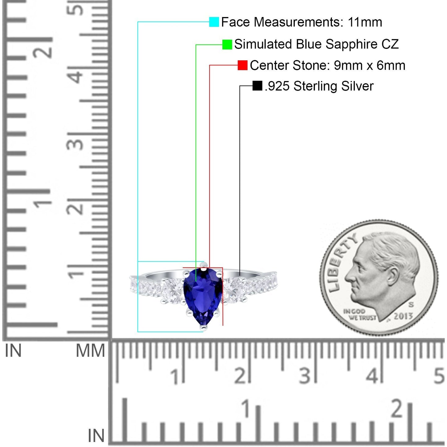 Teardrop Pear Art Deco Three Stone Accent Round Simulated Blue Sapphire CZ Engagement Ring