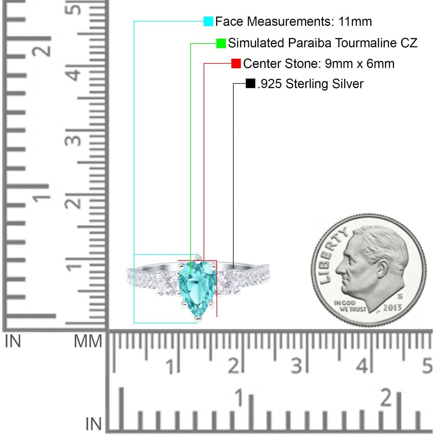 Teardrop Pear Art Deco Three Stone Accent Round Simulated Paraiba Tourmaline CZ Engagement Ring