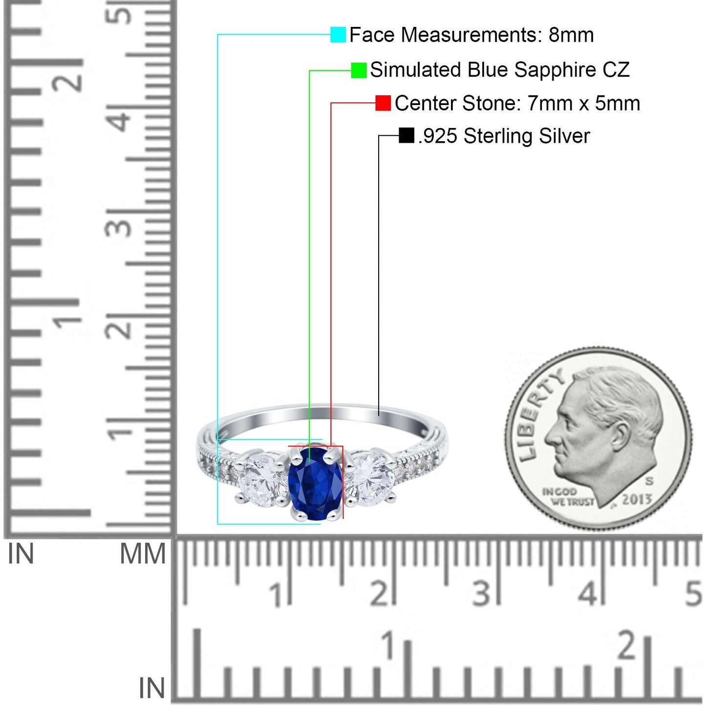 Three Stone Oval Engagement Ring Simulated Blue Sapphire CZ