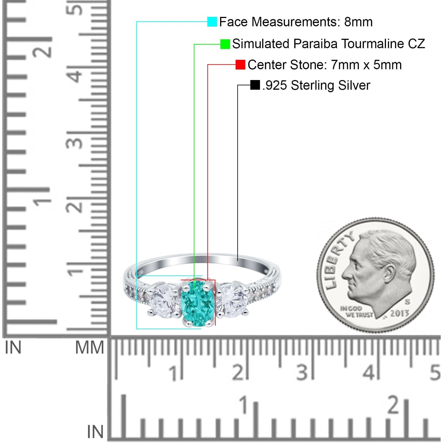 Three Stone Oval Engagement Ring Simulated Paraiba Tourmaline CZ