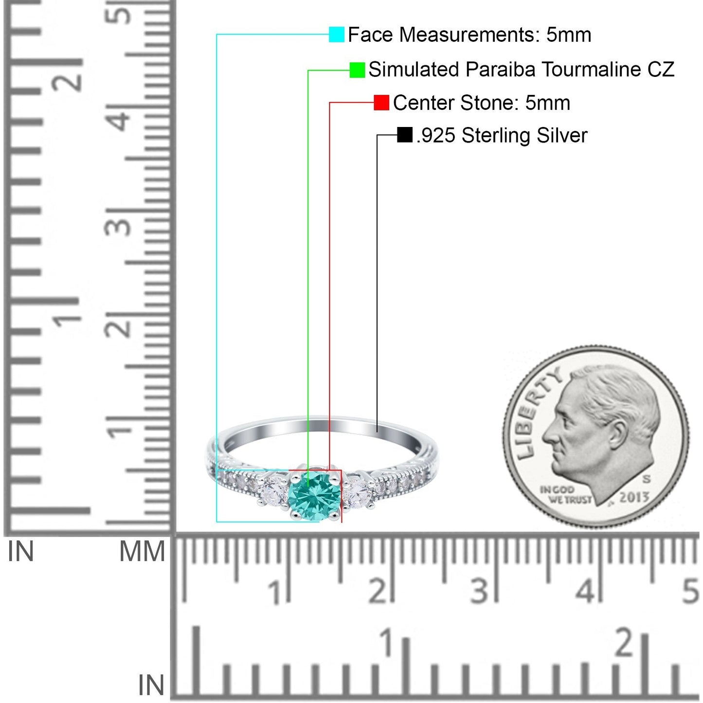 Three Stone Engagement Ring Round Simulated Paraiba Tourmaline CZ