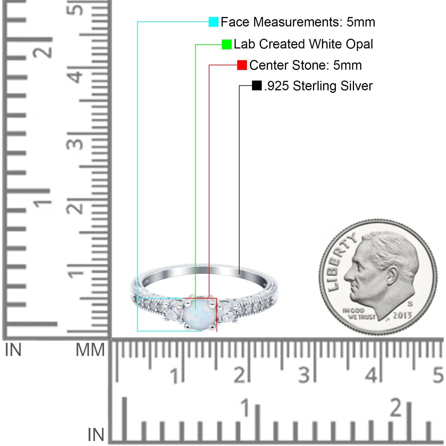 Three Stone Engagement Ring Round Lab Created White Opal