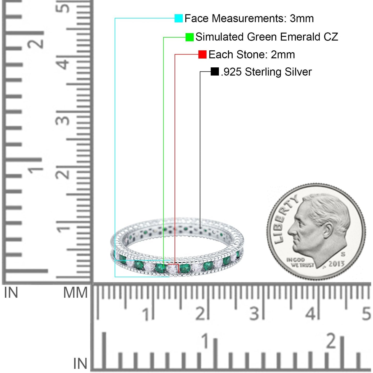 Art Deco Full Eternity Stackable Wedding Ring Simulated Green Emerald CZ