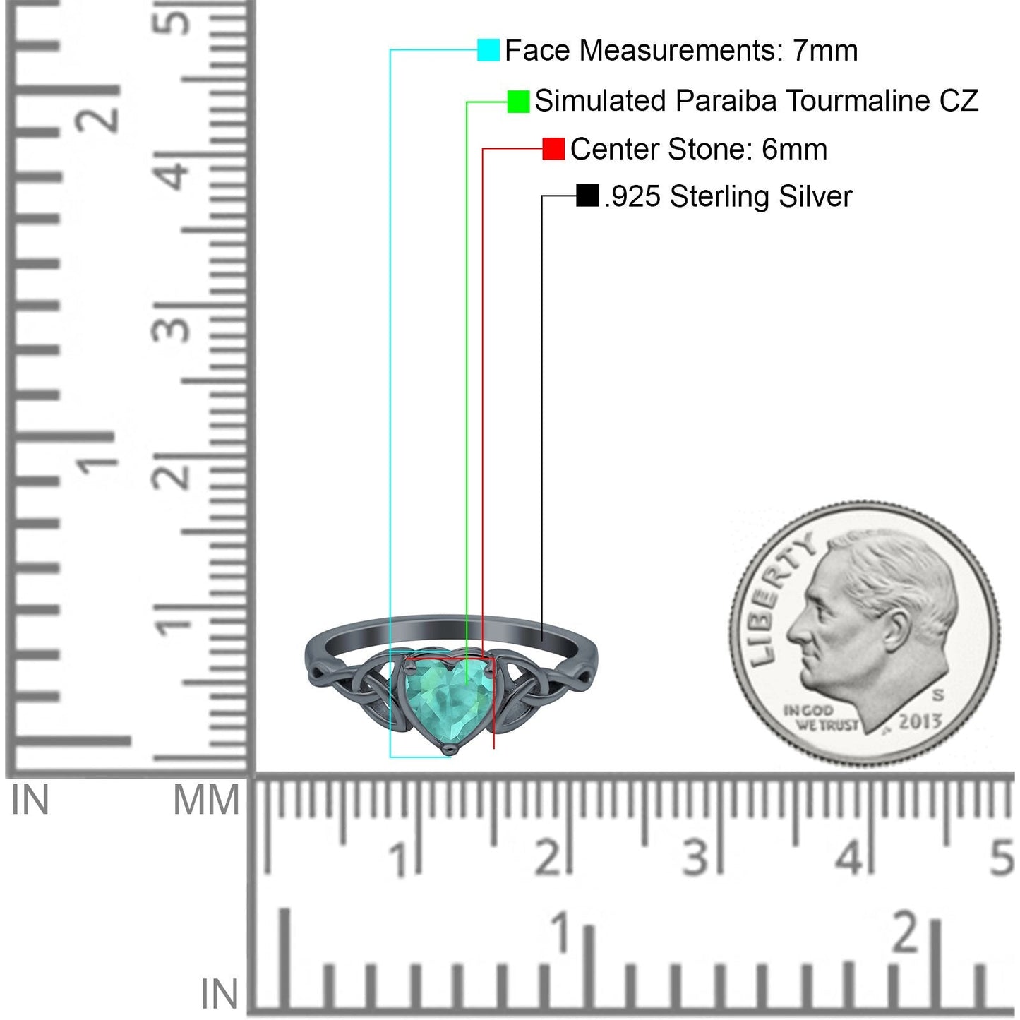 Heart Celtic Wedding Promise Ring Black Tone, Simulated Paraiba Tourmaline CZ