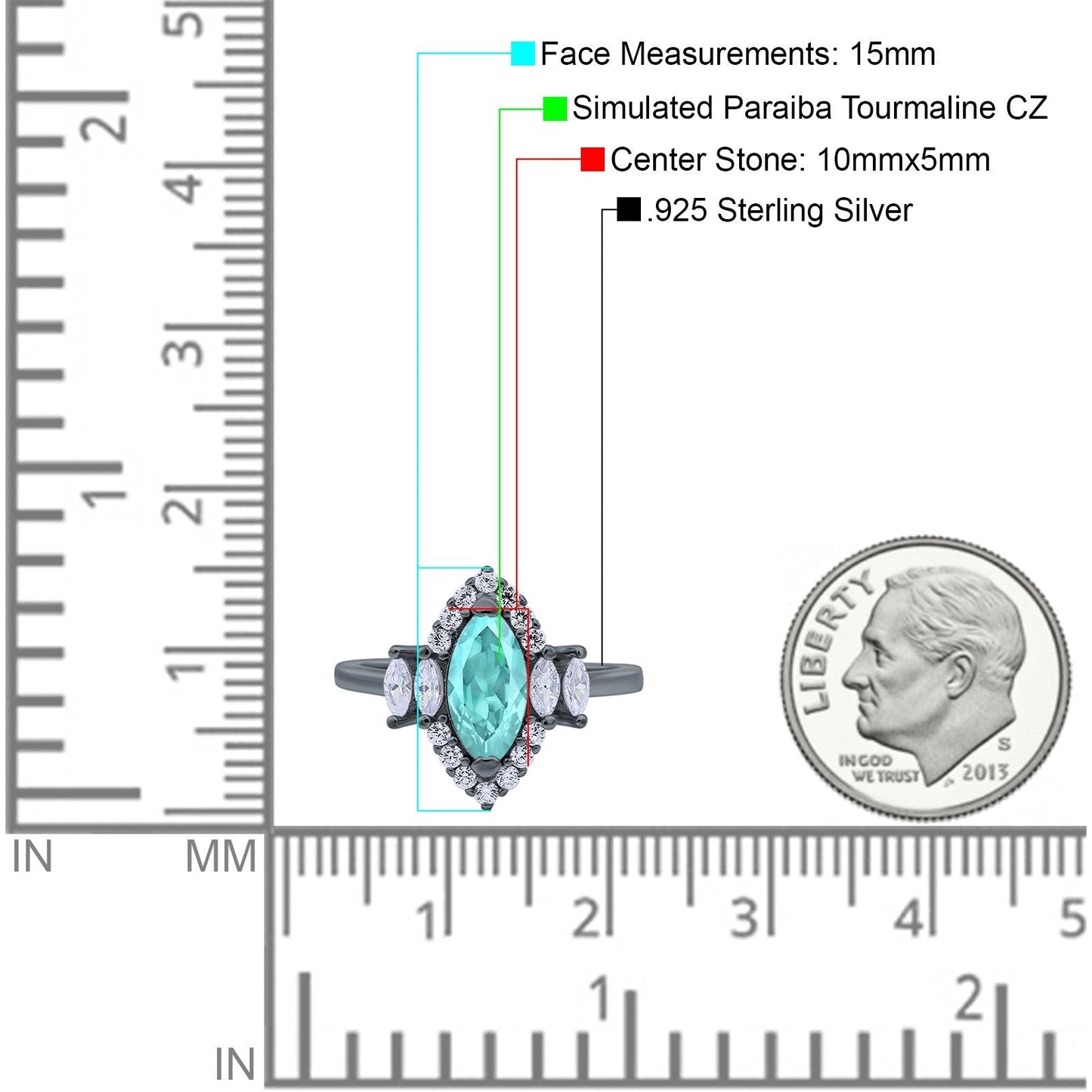 Marquise Vintage Wedding Ring Black Tone, Simulated Paraiba Tourmaline CZ