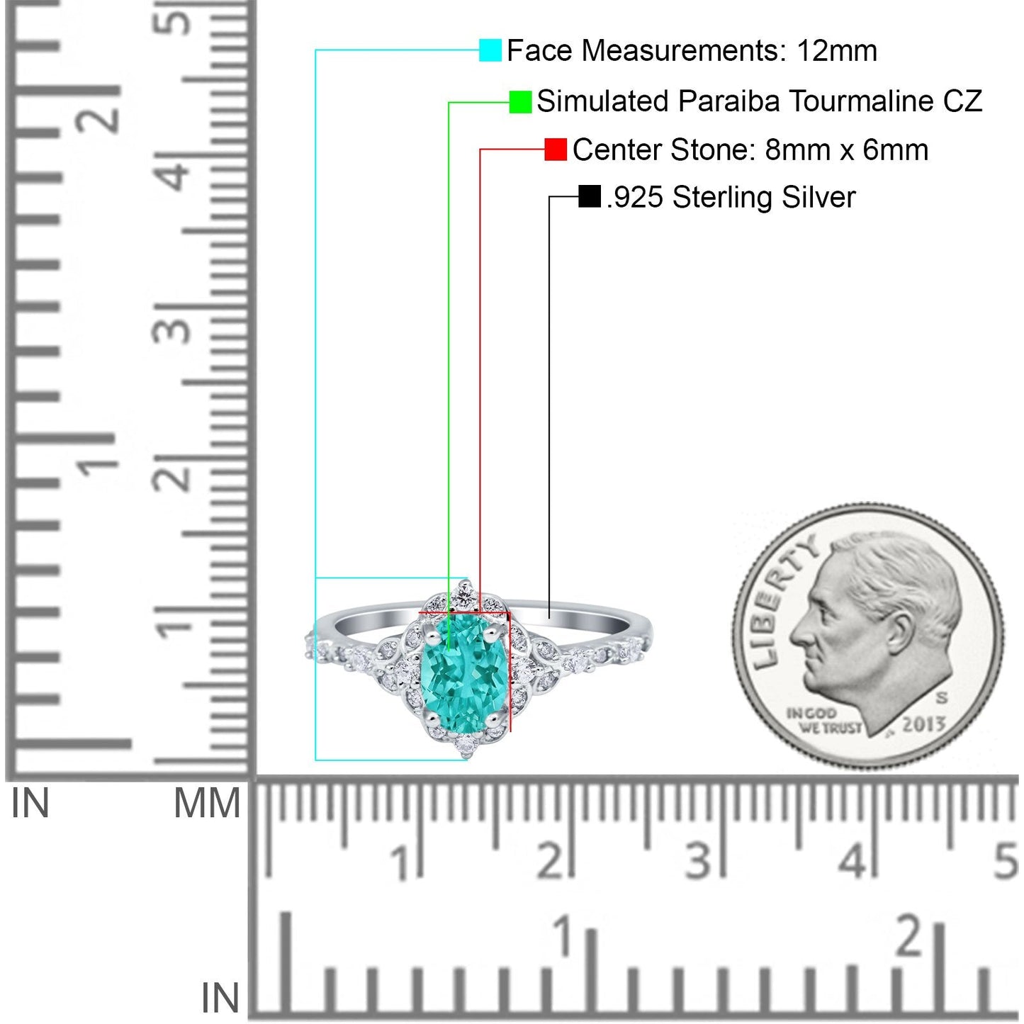 Oval Accent Vintage Simulated Paraiba Tourmaline CZ Engagement Ring