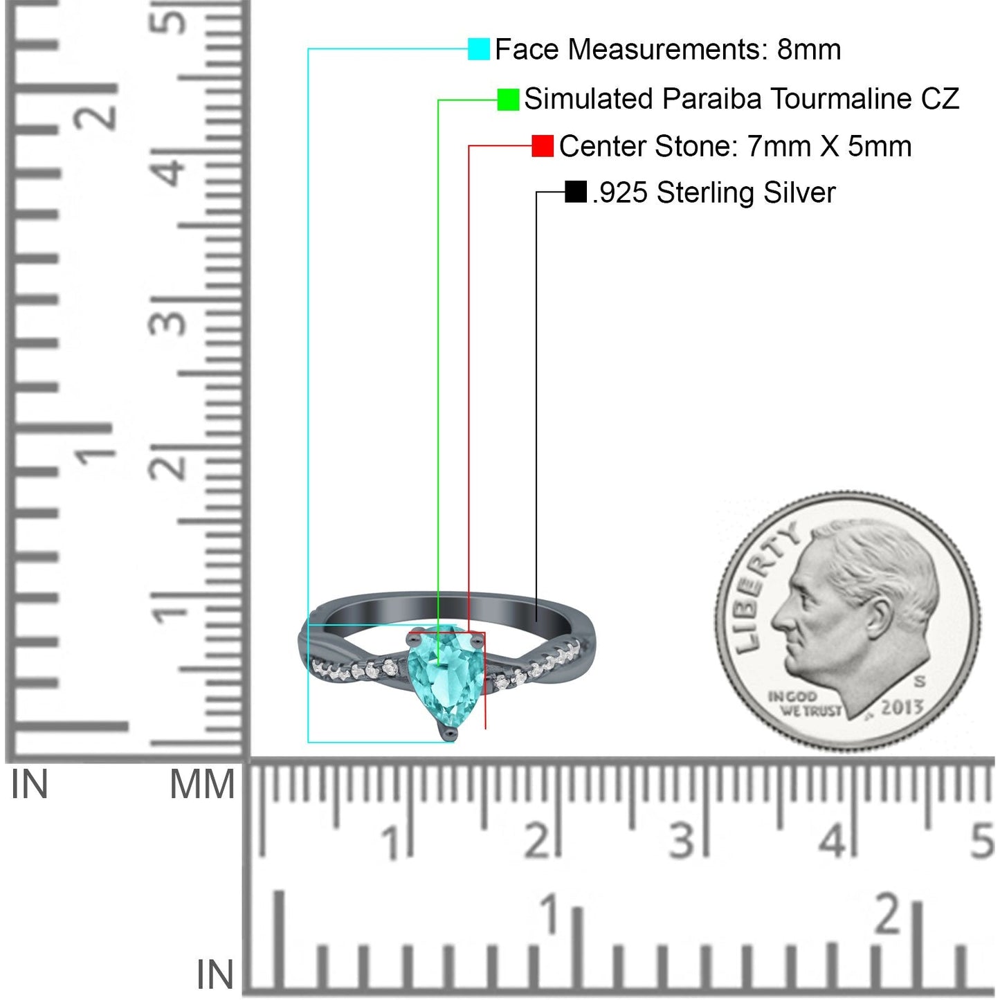 Pear Art Deco Twisted Black Tone, Simulated Paraiba Tourmaline CZ Ring