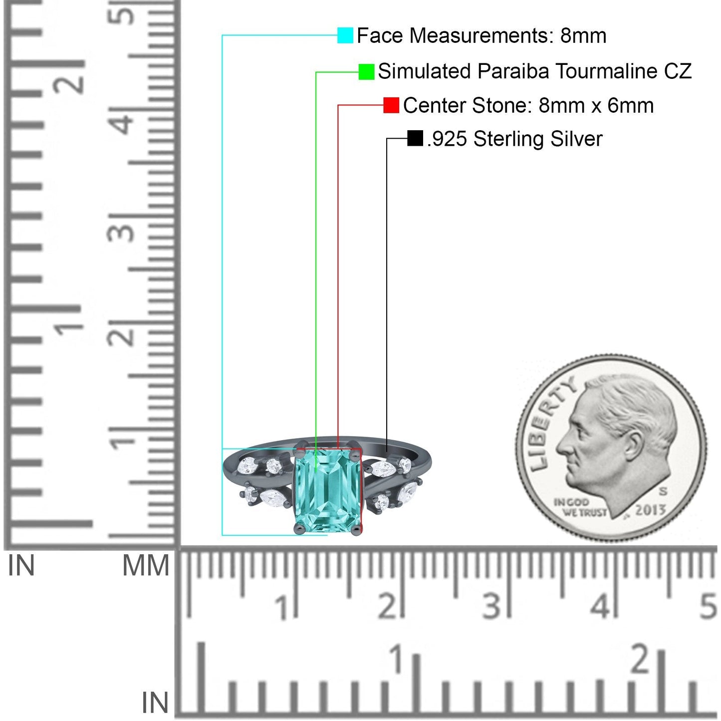 Emerald Cut Art Deco Engagement Wedding Bridal Ring Round Marquise Black Tone, Simulated Paraiba Tourmaline CZ