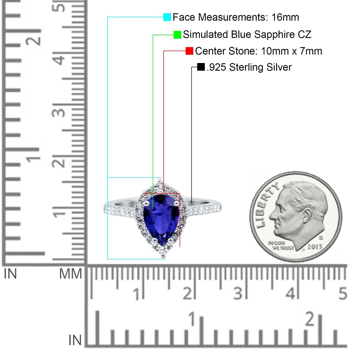 Teardrop Pear Art Deco Wedding Ring Simulated Blue Sapphire CZ