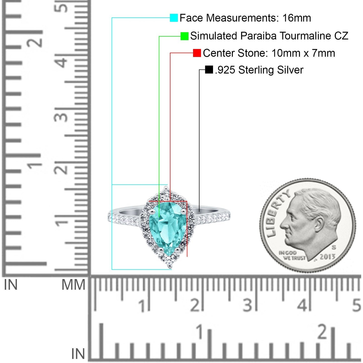 Teardrop Pear Art Deco Wedding Ring Simulated Paraiba Tourmaline CZ