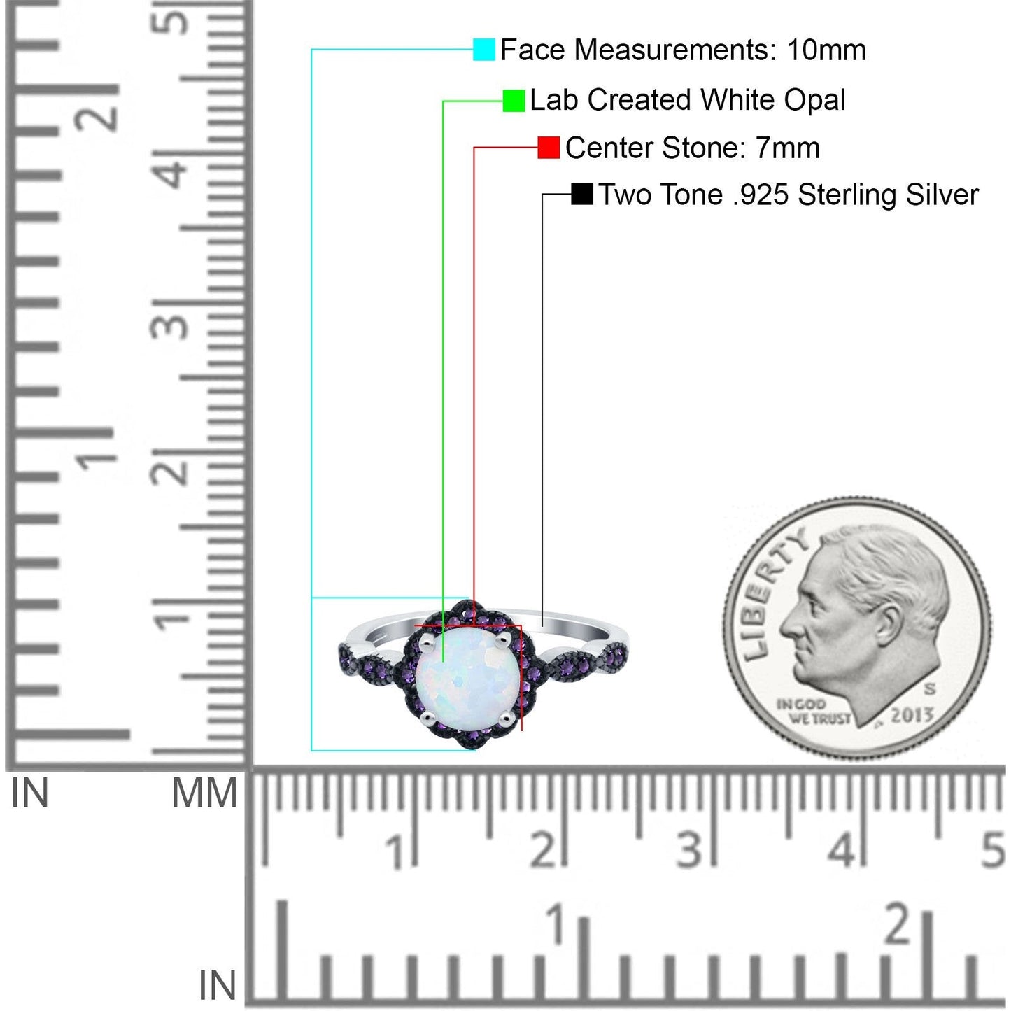 Flower Art Deco Engagement Ring Round Amethyst Lab Created White Opal