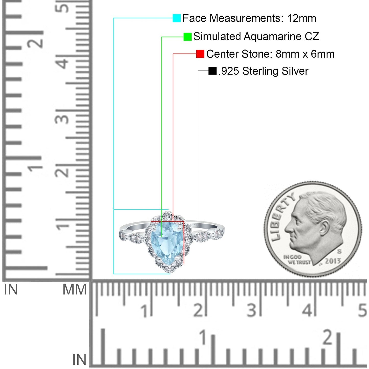 Teardrop Pear Art Deco Wedding Ring Simulated Aquamarine CZ