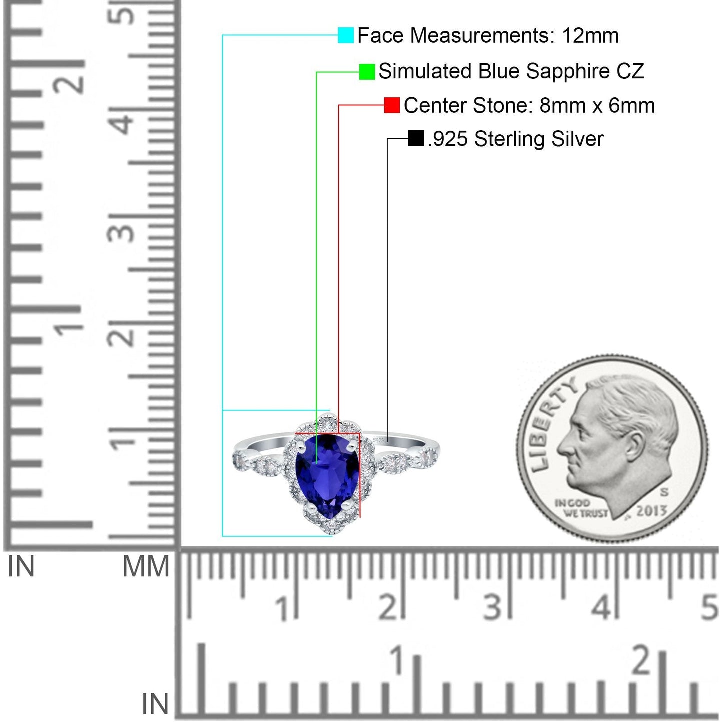 Teardrop Pear Art Deco Wedding Bridal Engagement Ring Round Simulated Blue Sapphire CZ