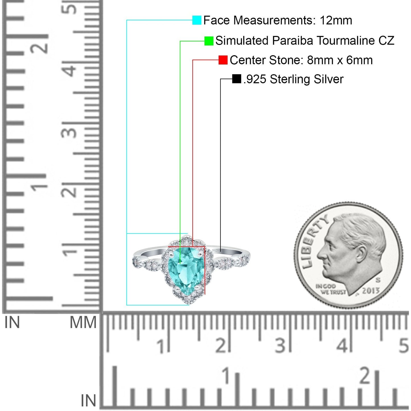 Teardrop Pear Art Deco Wedding Bridal Engagement Ring Round Simulated Paraiba Tourmaline CZ