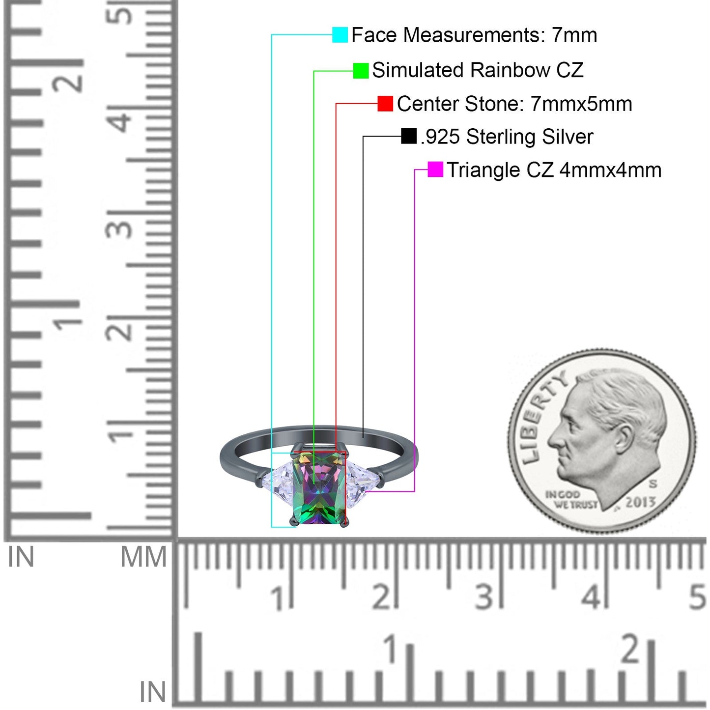 Emerald Cut Art Deco Black Tone, Simulated Rainbow CZ  Engagement Ring