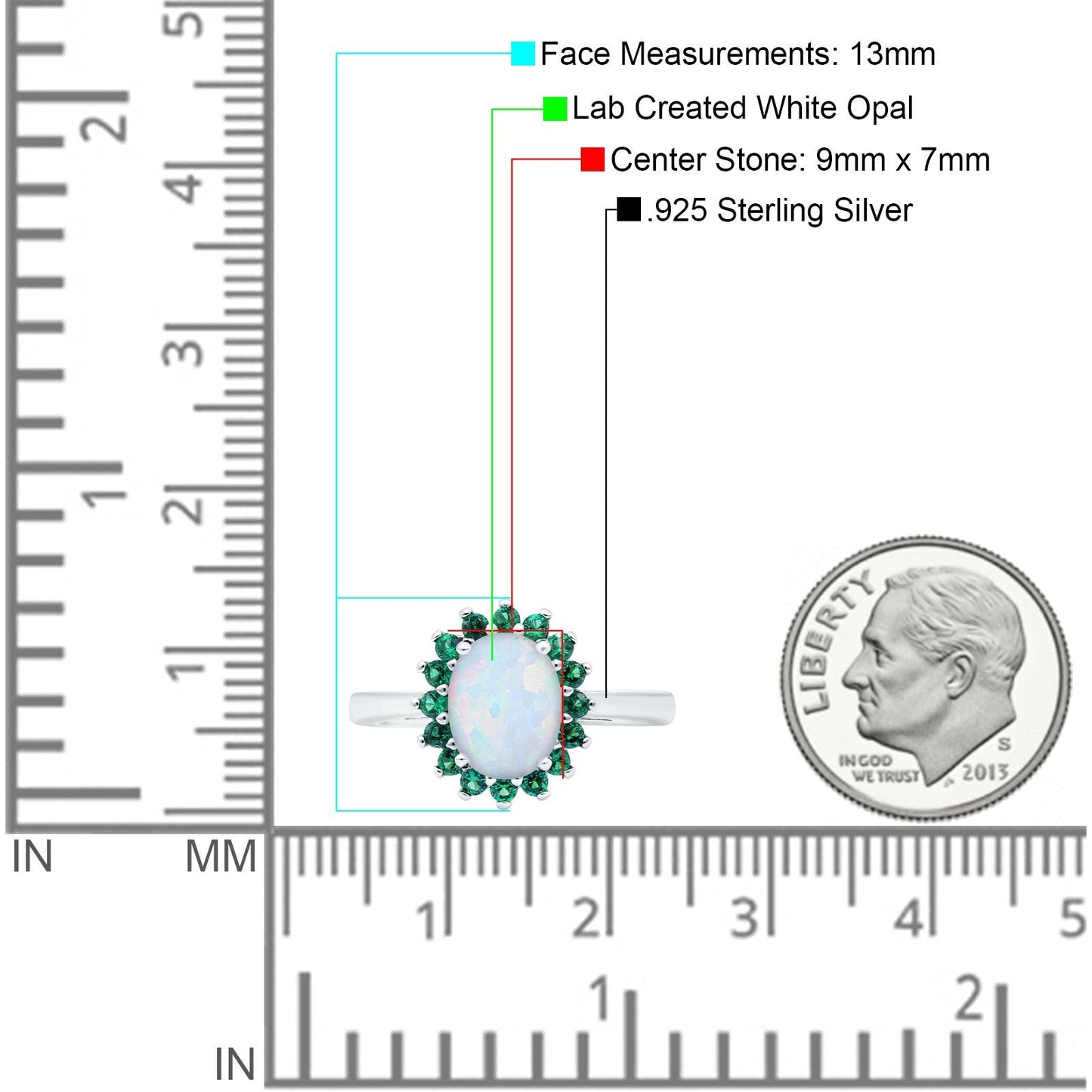 Oval Art Deco Wedding Ring Simulated Green Emerald Lab Created White Opal
