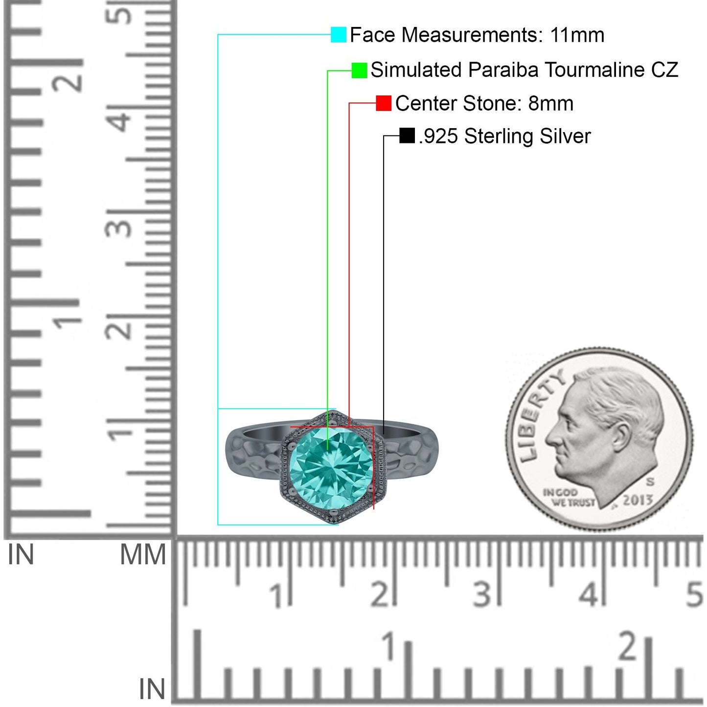 Art Deco Engagement Bridal Ring Hexagon Black Tone, Simulated Paraiba Tourmaline CZ