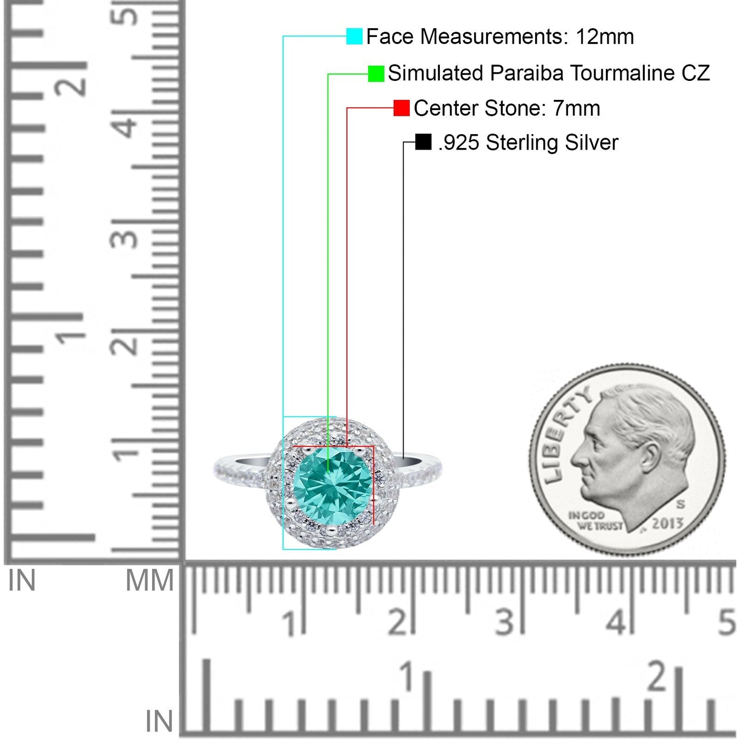 Halo Art Deco Wedding Ring Round Simulated Paraiba Tourmaline CZ