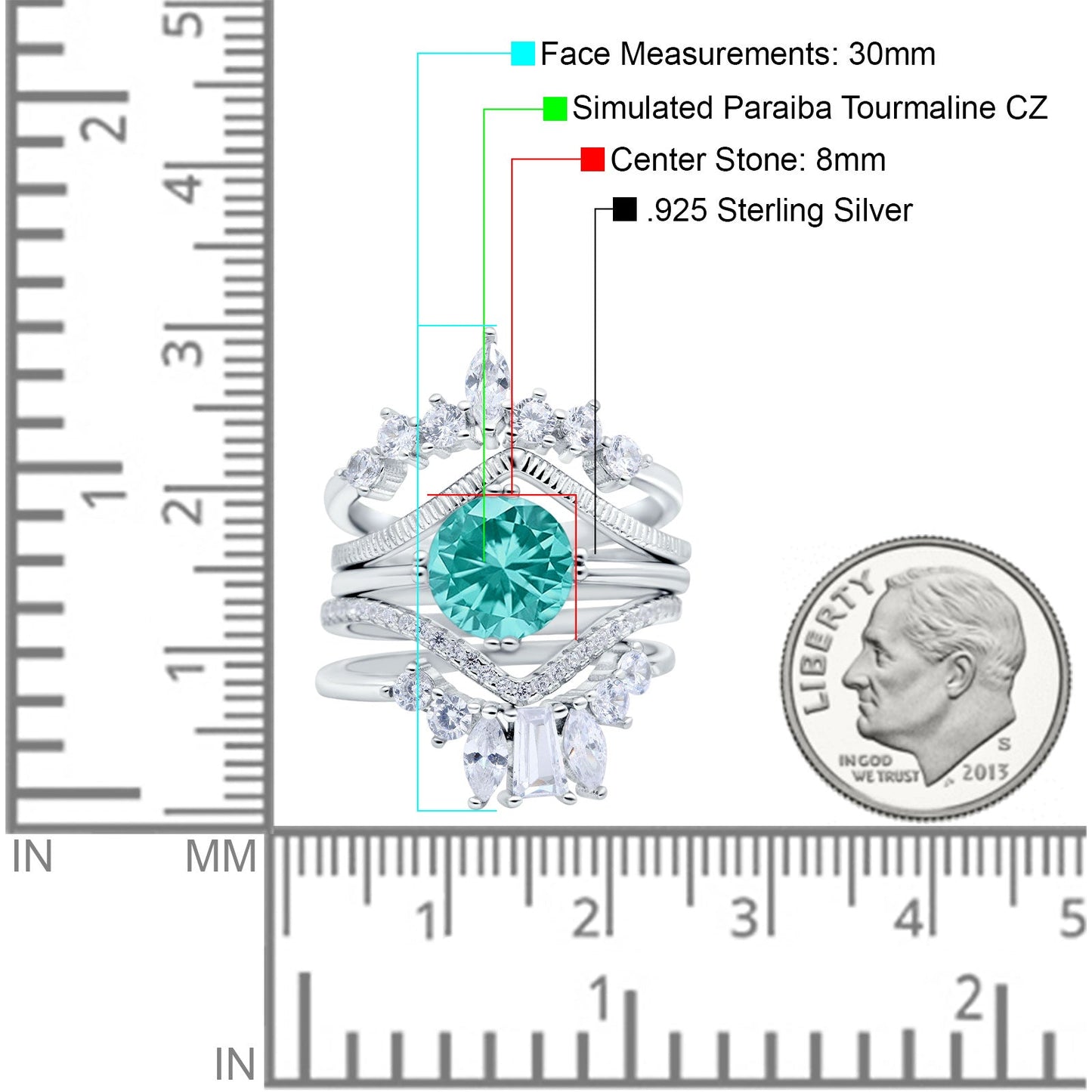 Trio Set Three Piece Bridal Round Simulated Paraiba Tourmaline CZ Wedding Ring