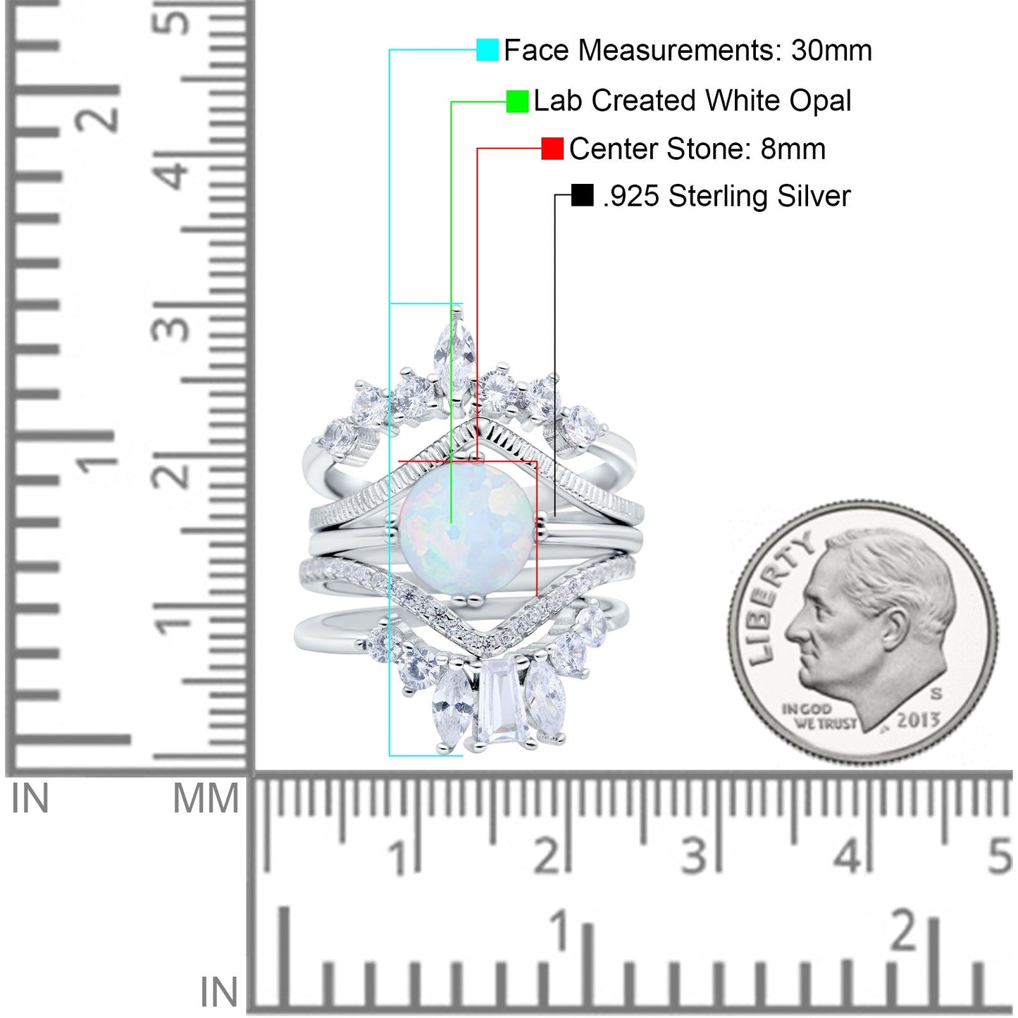 Trio Set Three Piece Bridal Round Lab Created White Opal Wedding Ring