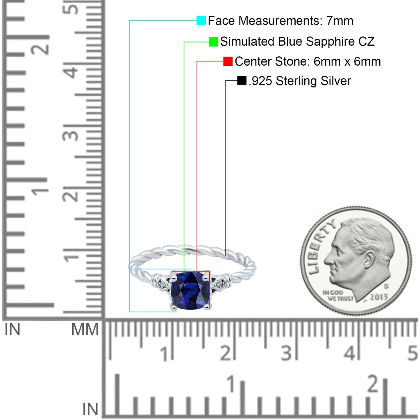 Art Deco Cushion Three Stone Wedding Bridal Ring Simulated Blue Sapphire CZ