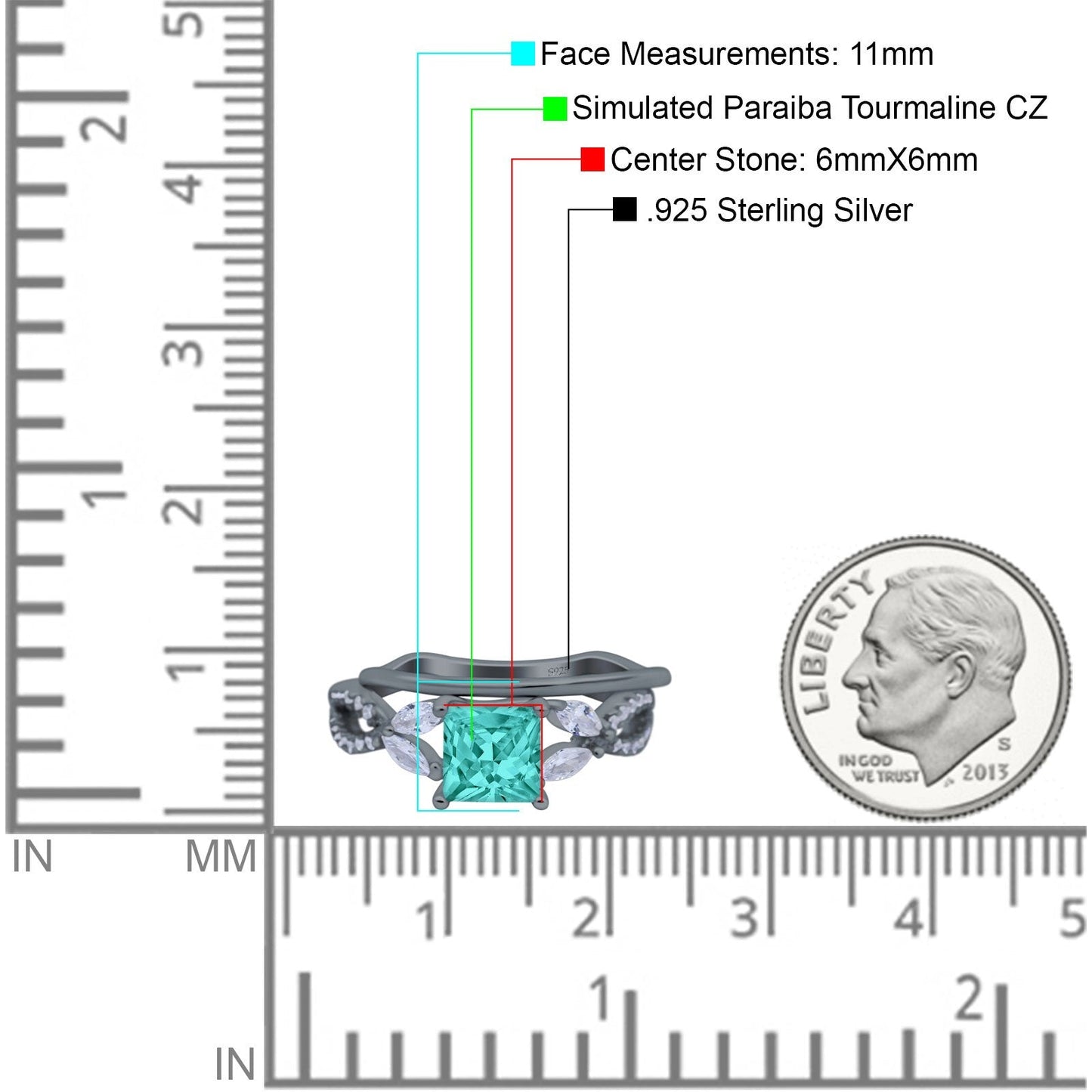 Two Piece Art Deco Princess Cut Wedding Bridal Ring Black Tone, Simulated Paraiba Tourmaline CZ