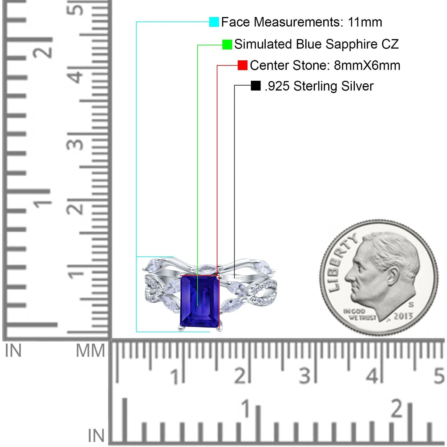 Two Piece Art Deco Emerald Cut Wedding Bridal Ring Simulated Blue Sapphire CZ