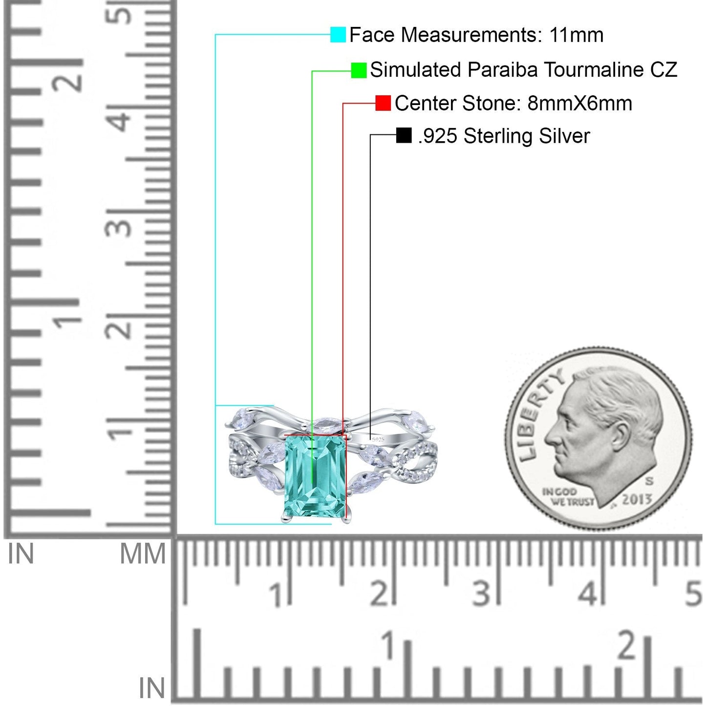 Two Piece Art Deco Emerald Cut Wedding Bridal Ring Simulated Paraiba Tourmaline CZ