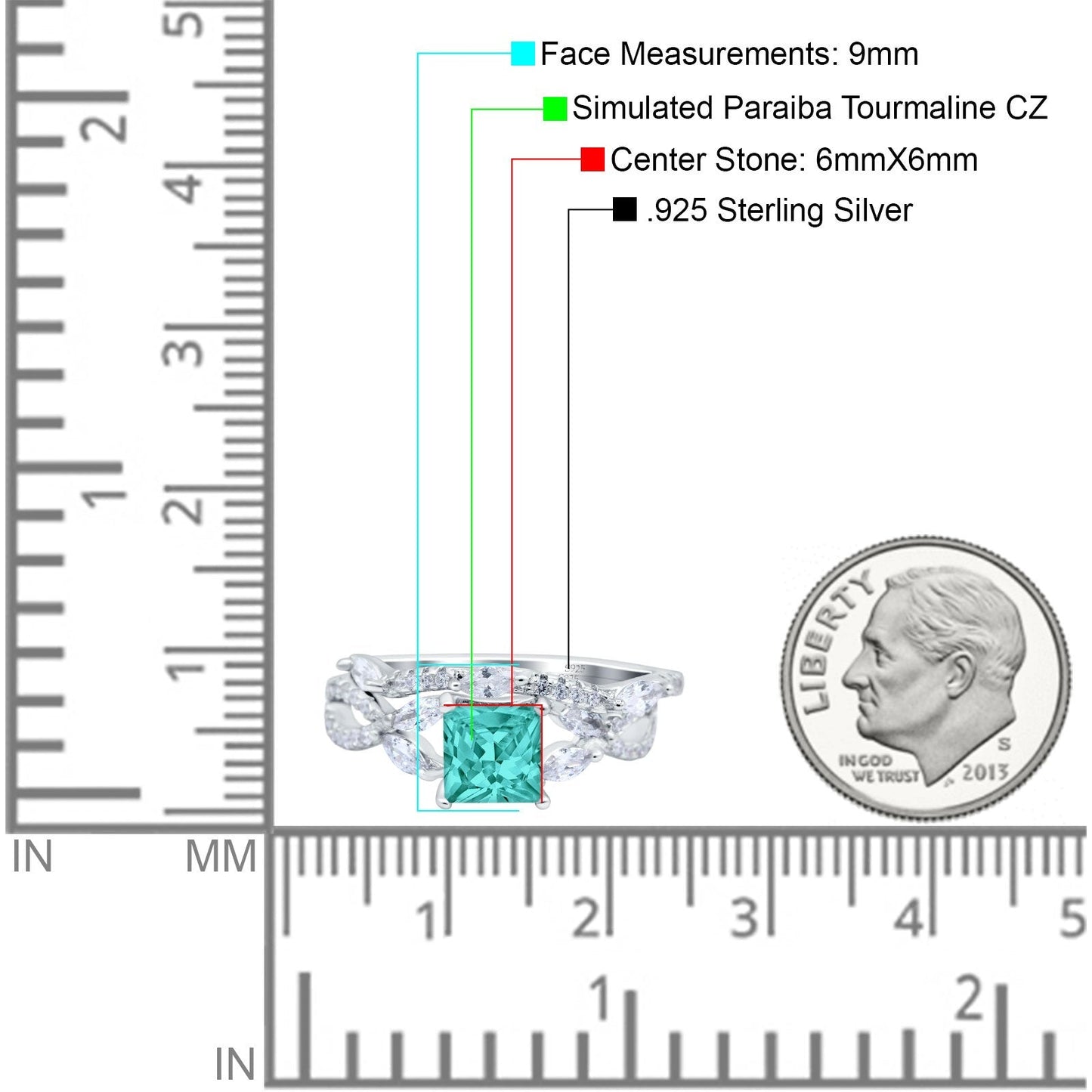 Two Piece Bridal Ring Art Deco Princess Cut Engagement Simulated Paraiba Tourmaline CZ